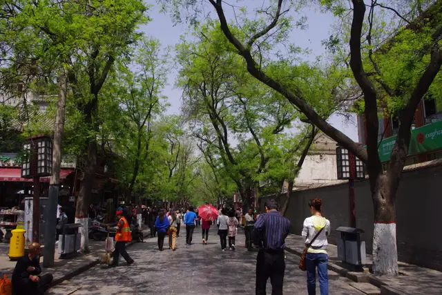 Tree-lined Beiyuanmen pedestrian street in Xi'an's Muslim Quarter on a spring day, with people walking away from the camera.